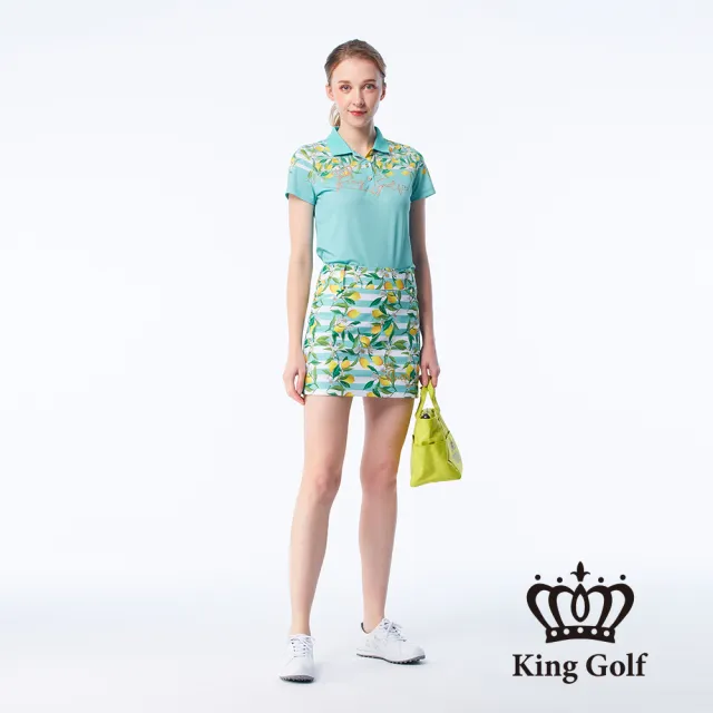 【KING GOLF】實體同步款-女款條紋檸檬印花休閒A字運動短裙/高爾夫球裙(綠色)