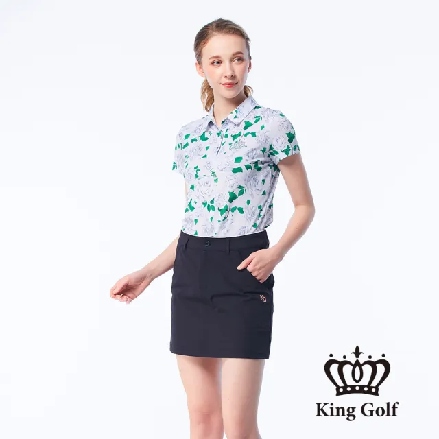 【KING GOLF】網路獨賣款-女款水彩玫瑰花印花金蔥刺繡LOGO涼感短袖POLO衫/高爾夫球衫(紫色)