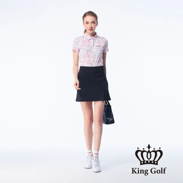 【KING GOLF】網路獨賣款-女款手繪圈圈線條印花金蔥刺繡LOGO涼感短袖POLO衫/高爾夫球衫(粉色)