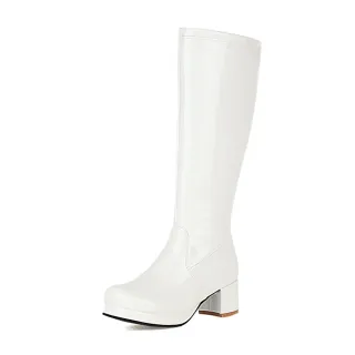 【KissXXX】粗跟長筒靴 漆皮長筒靴/百搭亮漆皮防水台粗跟長筒靴(白)