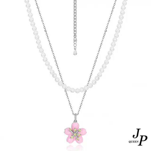 【Jpqueen】完美交織櫻花珍珠鋯石雙層項鍊(粉色)