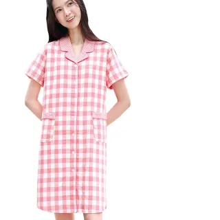 【Wacoal 華歌爾】睡衣-家居服 M-LL雙面格紋嬰兒棉洋裝 LWZ36631PQ(蜜桃粉)