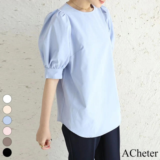 【ACheter】純色無領春夏薄款圓領泡泡短袖韓版寬鬆中長版上衣#116817(6色)