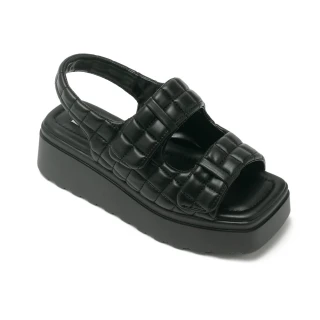 【STEVE MADDEN】WESTERLY 絎縫格紋雙帶方頭厚底涼鞋(黑色)