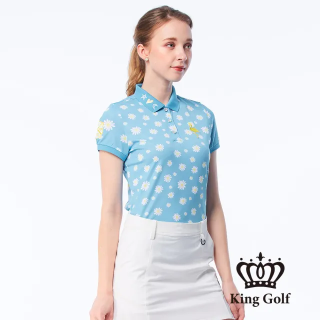【KING GOLF】速達-網路獨賣款-女款小菊花印花刺繡造型POLO衫/高爾夫球衫(藍色)