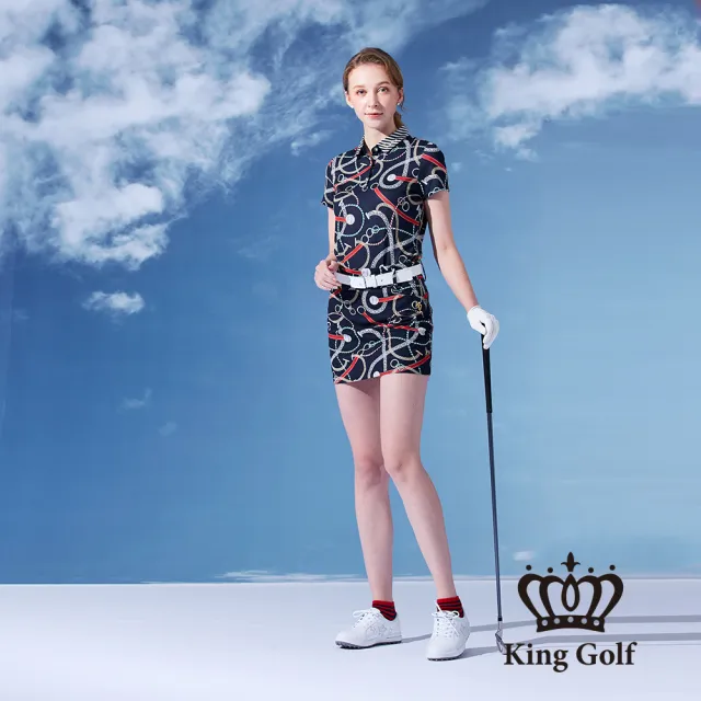 【KING GOLF】網路獨賣款-女款立體刺繡鎖鏈印花修身A LINE短裙/高爾夫球裙(丈青)