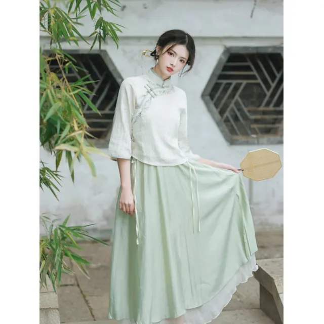 【維拉森林】玩美衣櫃民國風裙套裝淡雅白綠中式典雅裙S-XL