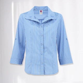 【ILEY 伊蕾】都會縷空刺繡蕾絲條紋襯衫上衣(藍色；M-XL；1231061503)