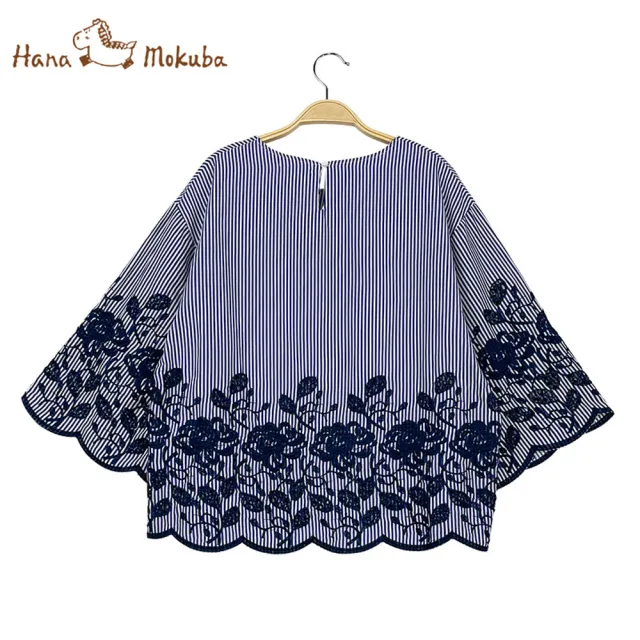 【Hana Mokuba】花木馬日系女裝藍白條紋A襬繡花上衣(上衣)
