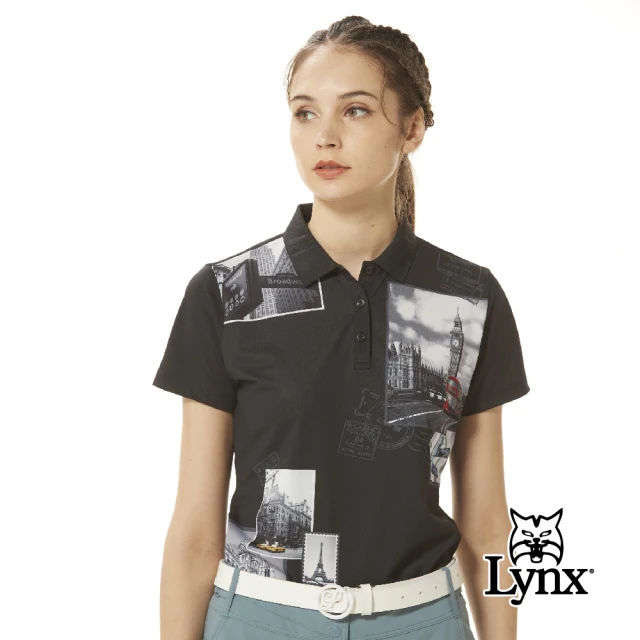 【Lynx Golf】korea女款韓國進口商品世界地標照片印花個性風短袖POLO衫(黑色)