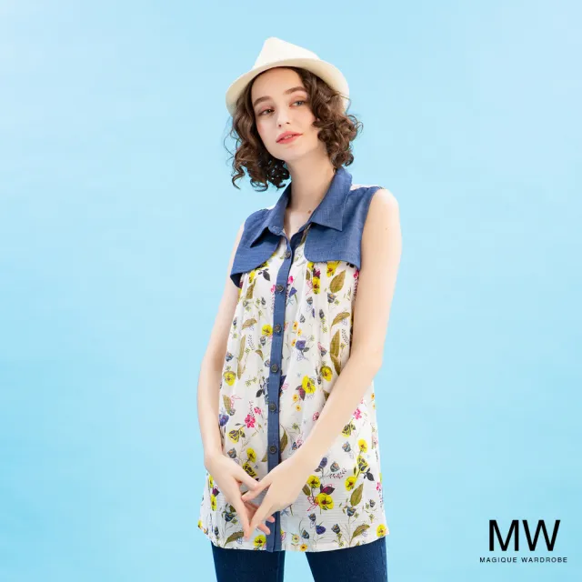 【MAGIQUE WARDROBE】翻領印花拚接無袖襯衫(白綠印花)