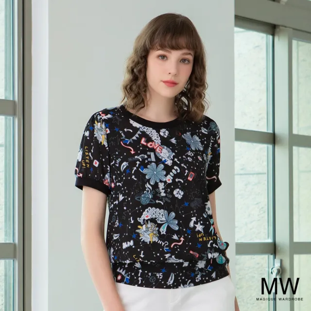 【MAGIQUE WARDROBE】雪紡滿版手繪印花上衣(黑色)