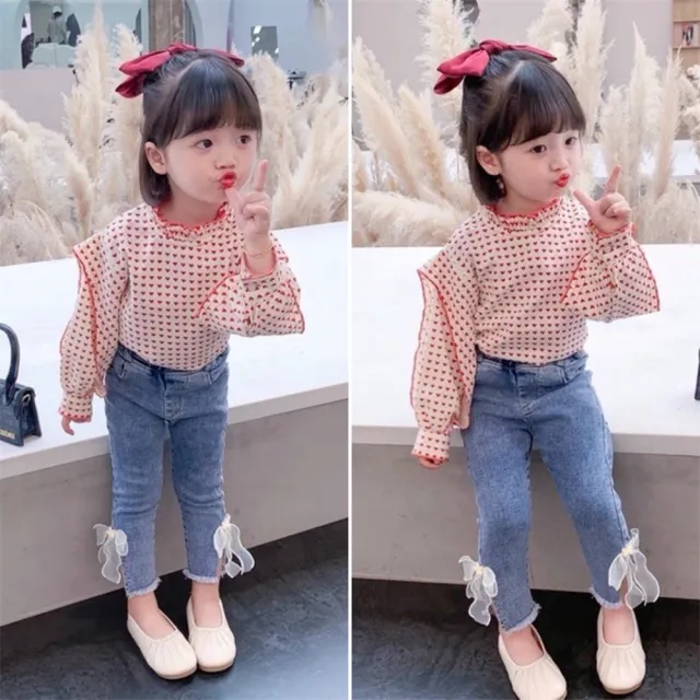 【安朵童舖】現貨韓版兒童薄款牛仔長褲女寶開叉彈力修身牛仔長褲女童微喇叭開叉蝴蝶結牛仔褲(035A)