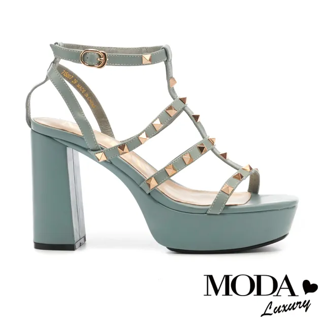 【MODA Moday】率性風金屬鉚釘牛皮美型水台高跟涼鞋(藍)