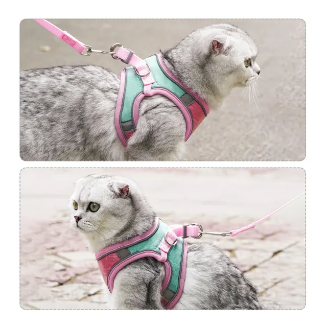 【OMG】包裹背心式防掙脫貓咪牽引繩 夜間反光遛貓繩(麂皮絨胸背帶+1.5M扁繩)