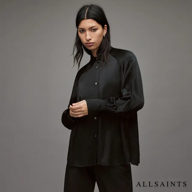【ALLSAINTS】OANA 真絲混紡寬鬆舒適長袖襯衫-黑 WH032X(舒適版型)