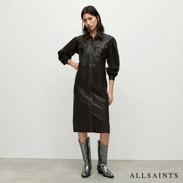 【ALLSAINTS】AVA 羊皮襯衫式中長版洋裝 WL012Y(常規版型)
