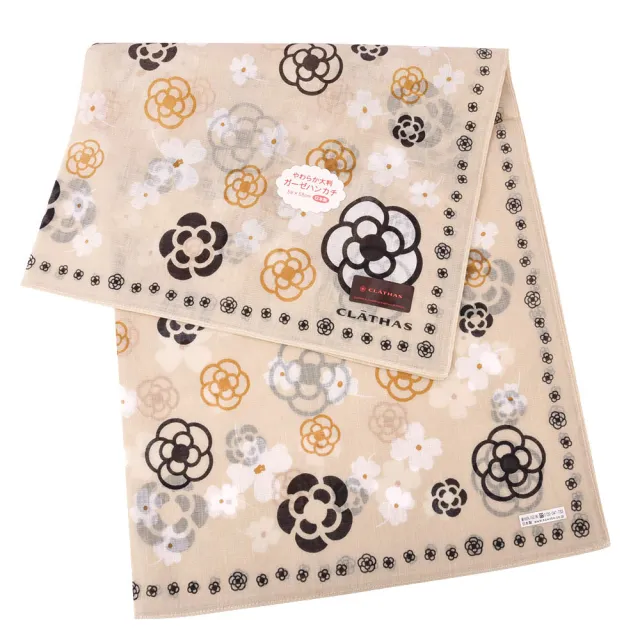 【CLATHAS】山茶花與幸運草純綿帕巾領巾(卡其色)