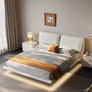 【AT HOME】6尺漂浮設計米白色皮質雙人床 現代簡約(不含床墊/漂浮)