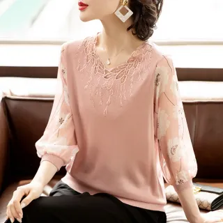 【初色】涼爽透氣圓領碎花刺繡拼接七分袖針織衫上衣女上衣-共2色-67372(F可選)