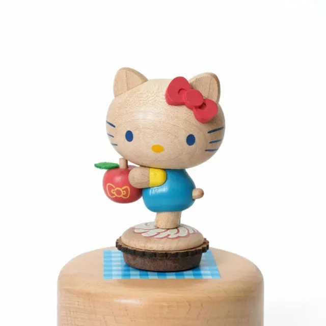【小禮堂】Hello Kitty 造型木質旋轉音樂鈴 - 拿蘋果款(平輸品)