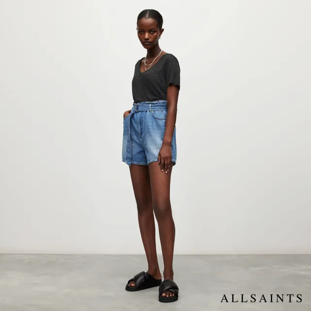 【ALLSAINTS】EMELYN 低調微透光亮片V領修身舒適短袖T恤-黑 WM410T(常規版型)