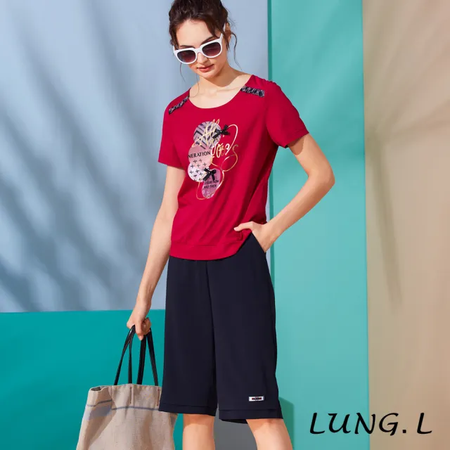 【LUNG.L 林佳樺】LL95E#藍色造型腰頭寬版六分褲(女裝)