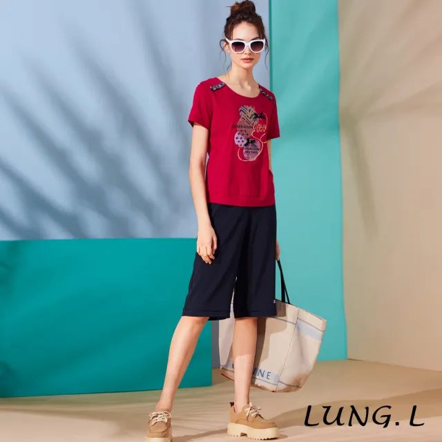 【LUNG.L 林佳樺】LL95E#藍色造型腰頭寬版六分褲(女裝)