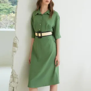 【OUWEY 歐薇】職場薇甜抓摺後腰活片設計洋裝(綠色；S-L；3232257027)