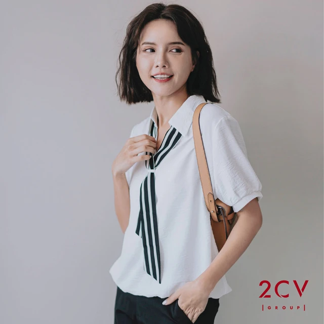 【2CV】假領帶棉麻上衣-三色/女上衣 襯衫nu068(MOMO獨家販售)