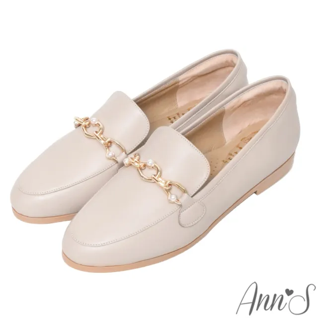 【Ann’S】情感流動-不規則珍珠金鍊頂級綿羊皮平底樂福鞋-版型偏大(米白)