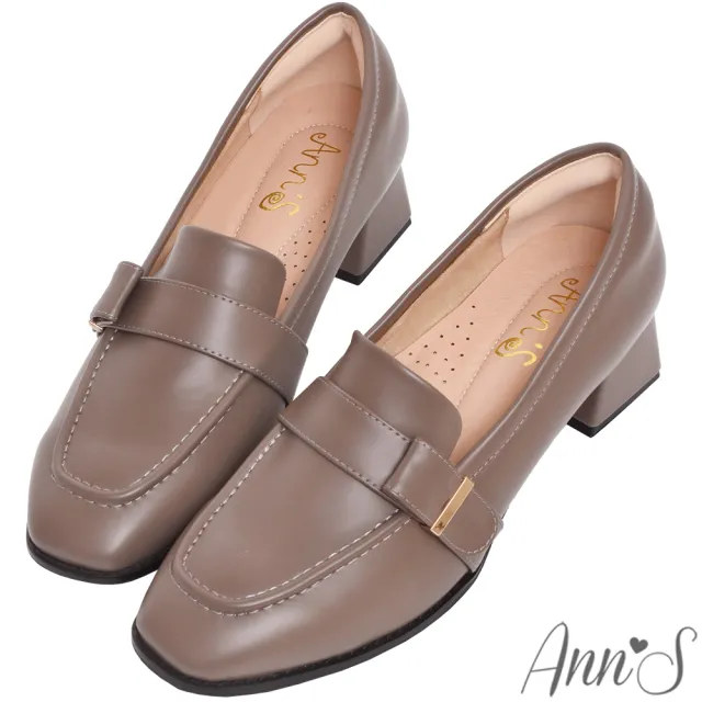 【Ann’S】金屬感性面-側邊小金條方頭粗跟樂福鞋4cm-版型偏小(咖)