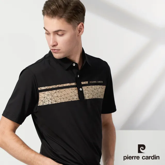 【pierre cardin 皮爾卡登】休閒服飾 男款 吸濕排汗胸前印花襯衫領短袖polo衫-黑色(5237204-99)
