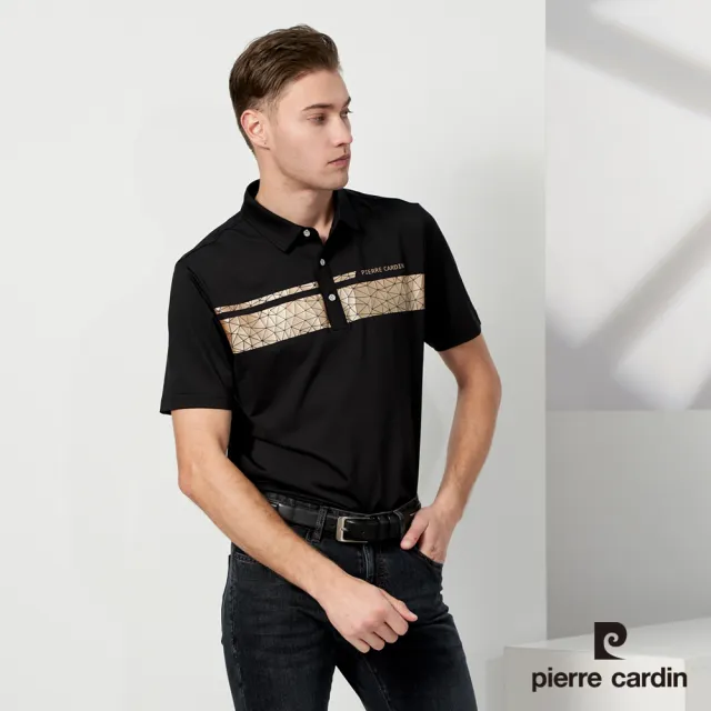 【pierre cardin 皮爾卡登】休閒服飾 男款 吸濕排汗胸前印花襯衫領短袖polo衫-黑色(5237204-99)