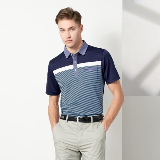【pierre cardin 皮爾卡登】休閒服飾 男款 吸濕排和定位條襯衫領短袖polo衫-深藍色(5237205-38)