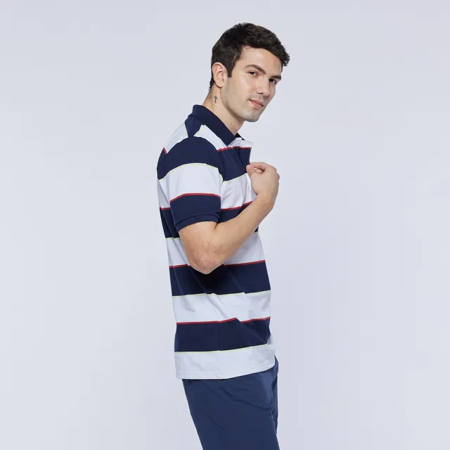 【NAUTICA】男裝 粗條紋LOGO刺繡短袖POLO衫(深藍色)