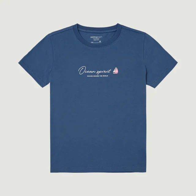 【Hang Ten】女裝-REGULAR FIT純棉航海小船印花短袖T恤(藍)