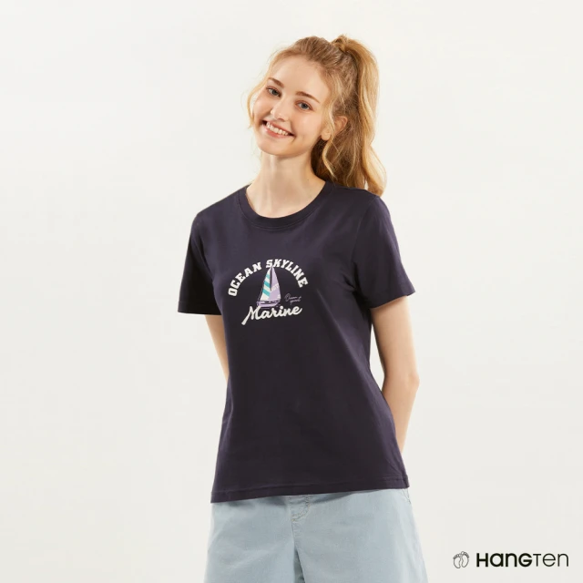 【Hang Ten】女裝-REGULAR FIT純棉航海帆船印花短袖T恤(深藍)