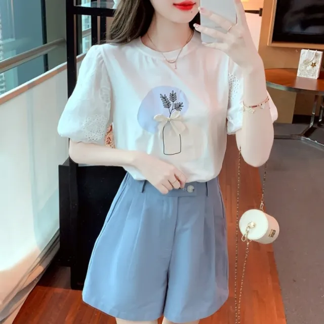 【baibeauty 白鳥麗子】韓版印花蝴蝶結蕾絲泡泡袖圓領上衣(T恤)