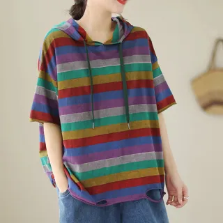 【ACheter】短袖T恤復古做舊條紋短袖破洞寬鬆連帽中長版上衣#117802(黑/粉/紫藍)