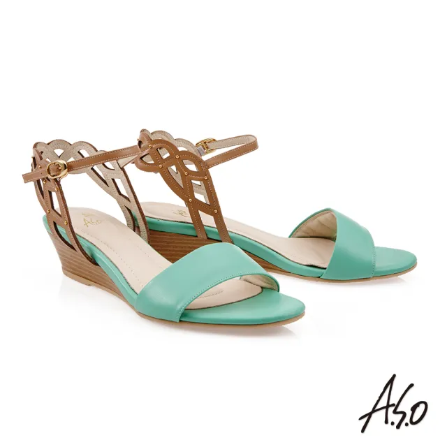 【A.S.O 阿瘦集團】時尚流行 健步美型鉚釘坡跟涼鞋(淺綠色)