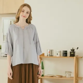 【CUMAR】蕾絲拼接設計泡泡袖仿麻涼感七分袖上衣(白 米 紫/魅力商品)