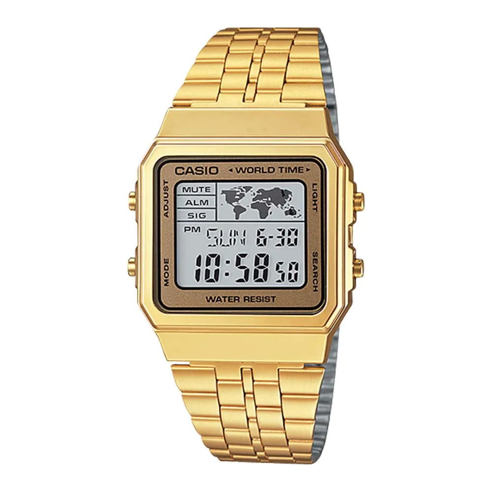 【CASIO 卡西歐】世界地圖探險復古金風格電子錶(A500WGA)