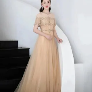 【女神婚紗禮服】高端鑲鑽露肩宴會晚禮服LA70352 金色(敬酒服 主持)