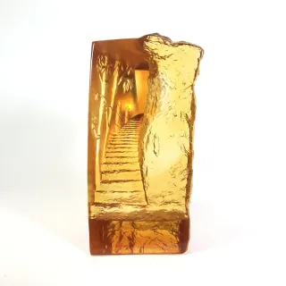 【琉璃藝術大師-黃安福】黃金步道x步步高昇(創藝工坊 琉璃藝術 擺件工藝 年節禮品首選 加贈壓克力底座)