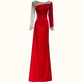 【女神婚紗禮服】高端長袖手工縫珠魚尾宴會晚禮服 LA71152 紅色(年會主持 敬酒服)