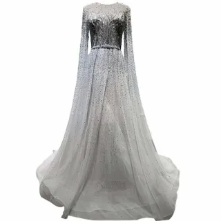 【女神婚紗禮服】高端U領長披肩宴會晚禮服LA60869 深藍色(訂婚 結婚)