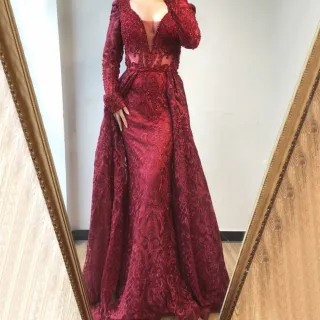 【女神婚紗禮服】高端V領長袖大氣奢華魚尾宴會晚禮服LA70159 酒紅色(結婚 敬酒服)