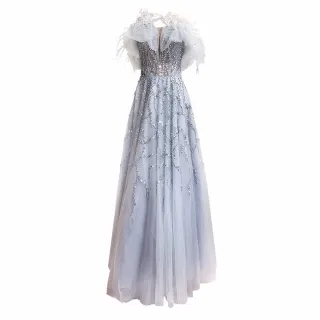 【女神婚紗禮服】高端荷葉一字肩宴會晚禮服LA71328 灰色(訂婚 敬酒服)