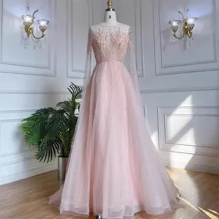 【女神婚紗禮服】高端U領長披肩宴會晚禮服LA60869 粉色(訂婚 結婚)